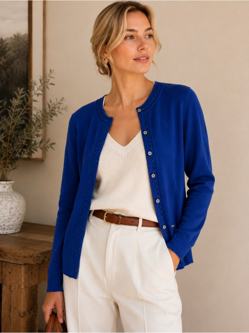 NWT Brooks Brothers Silk Cotton Cardigan Sweater Blue Eyelet Trim Small
